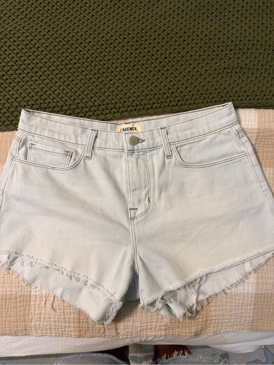 L'AGENCE Pants - L'AGENCE Pale Blue Frayed-Hem Denim Shorts